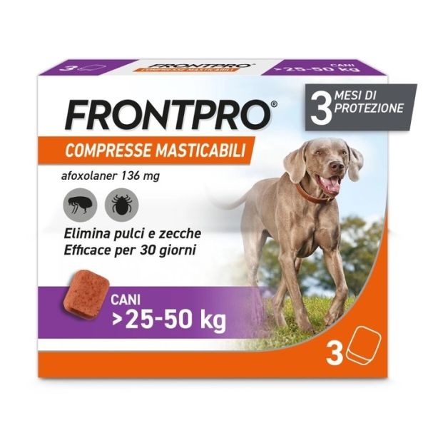 Frontpro Contro Pulci E Zecche 3 Compresse Masticabili Per Cani 25-50 Kg 136 Mg