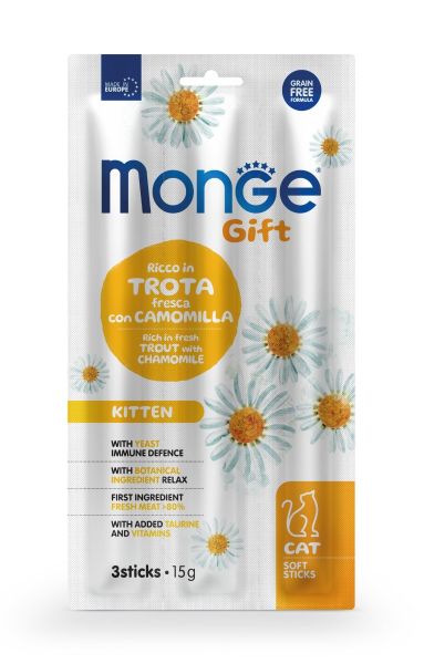 Monge Gift Cat Soft Sticks – Accrescimento – Ricco in Trota Fresca con Camomilla – Kitten