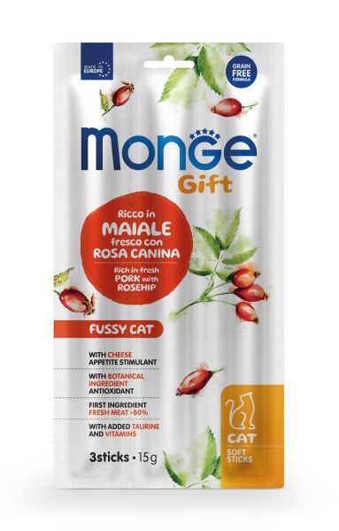 Monge Gift Cat Soft Sticks – Appetito Difficile – Ricco in Maiale Fresco con Rosa Canina – Adult