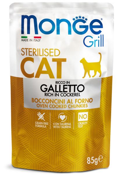 Monge Grill Multipack Buste Gatto Sterilizzato Galletto, Trota e Vitello 12x85g