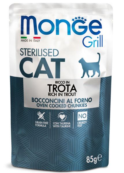 Monge Grill Multipack Buste Gatto Sterilizzato Galletto, Trota e Vitello 12x85g