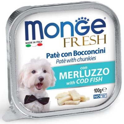 Monge Fresh Vaschetta Cane Paté Con Bocconcini Merluzzo 100g