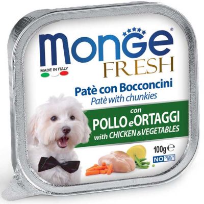 Monge Fresh Vaschetta Cane Paté Con Bocconcini Pollo e Ortaggi 100g