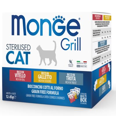 Monge Grill Multipack Buste Gatto Sterilizzato Galletto, Trota e Vitello 12x85g